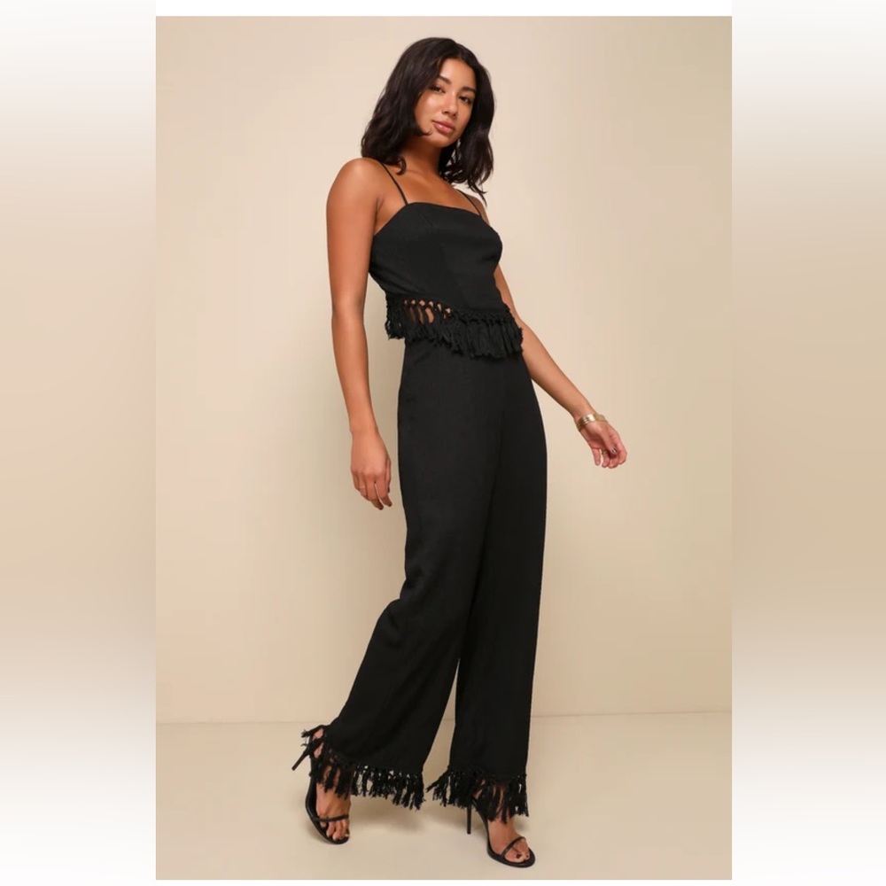 Reduced! Lulus Getaway Black Crinkled Cutout Tasseled Wide-leg Jumpsuit - Size L - Picture 5 of 5